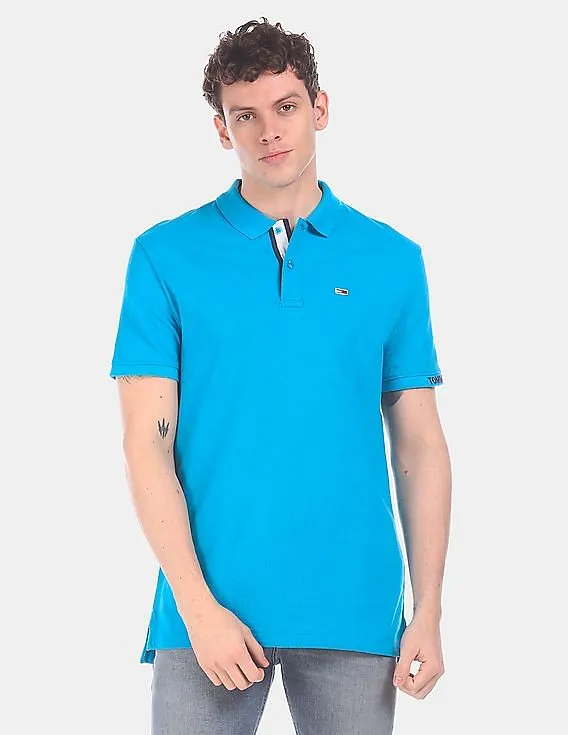 Tommy Hilfiger Men Blue Ribbed Polo Collar Solid Polo Shirt