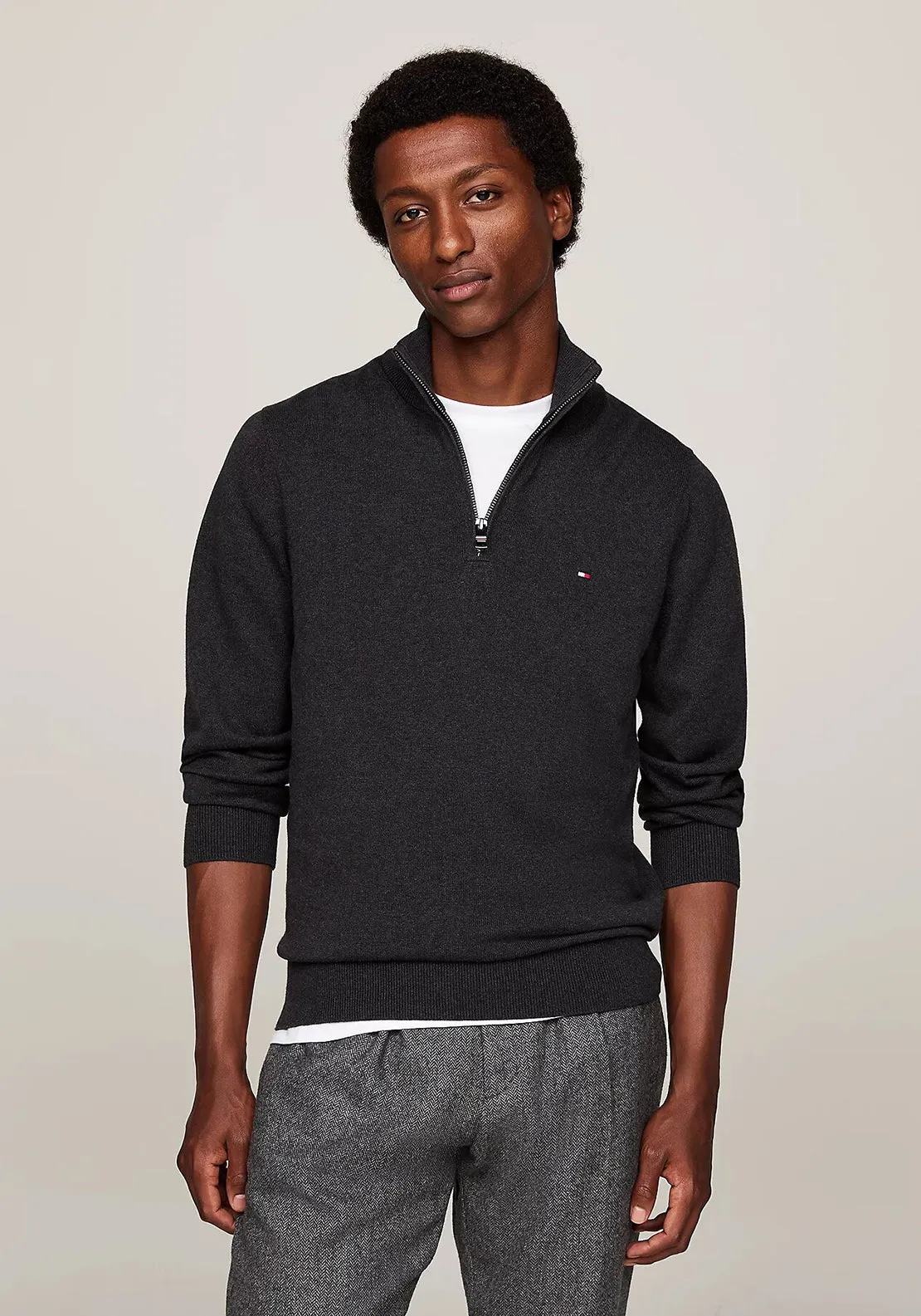 Tommy Hilfiger Pima Cotton Half Zip Sweater, Dark Grey Heather