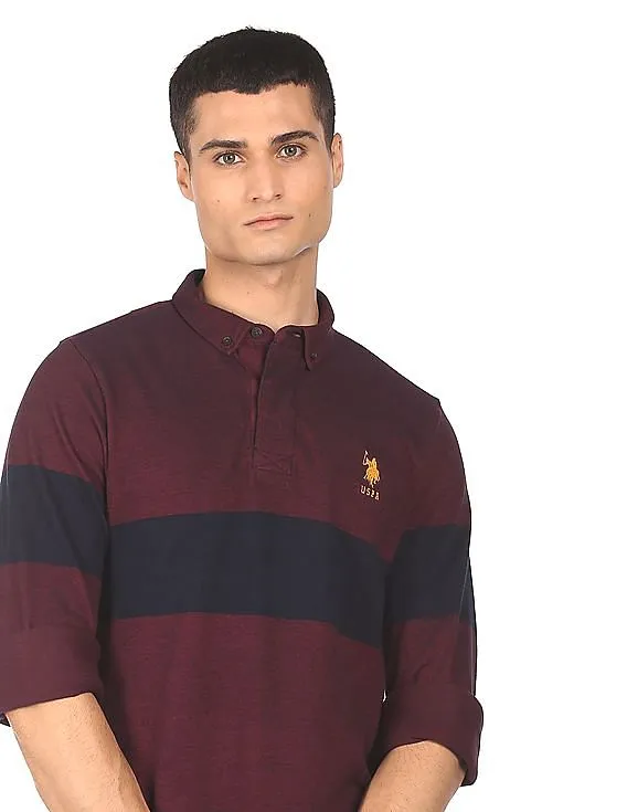 U.S. Polo Assn. Men Maroon Button Down Collar Striped Polo Shirt