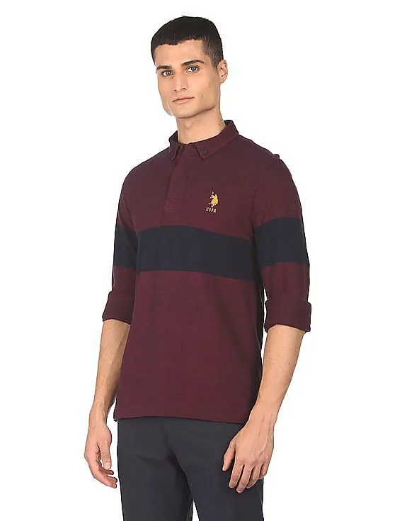 U.S. Polo Assn. Men Maroon Button Down Collar Striped Polo Shirt