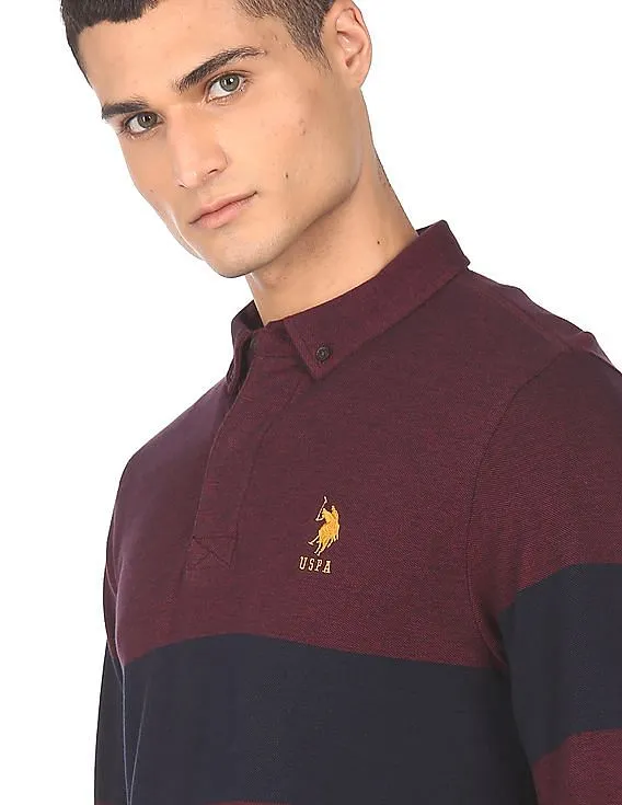 U.S. Polo Assn. Men Maroon Button Down Collar Striped Polo Shirt