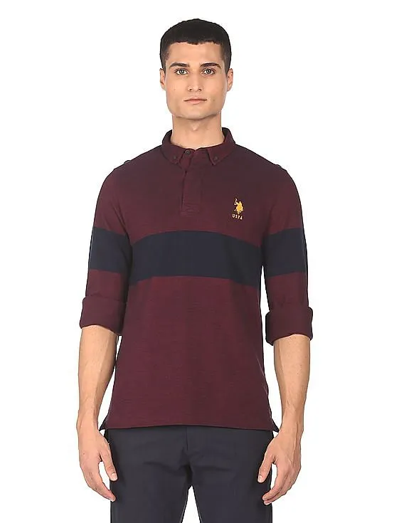 U.S. Polo Assn. Men Maroon Button Down Collar Striped Polo Shirt