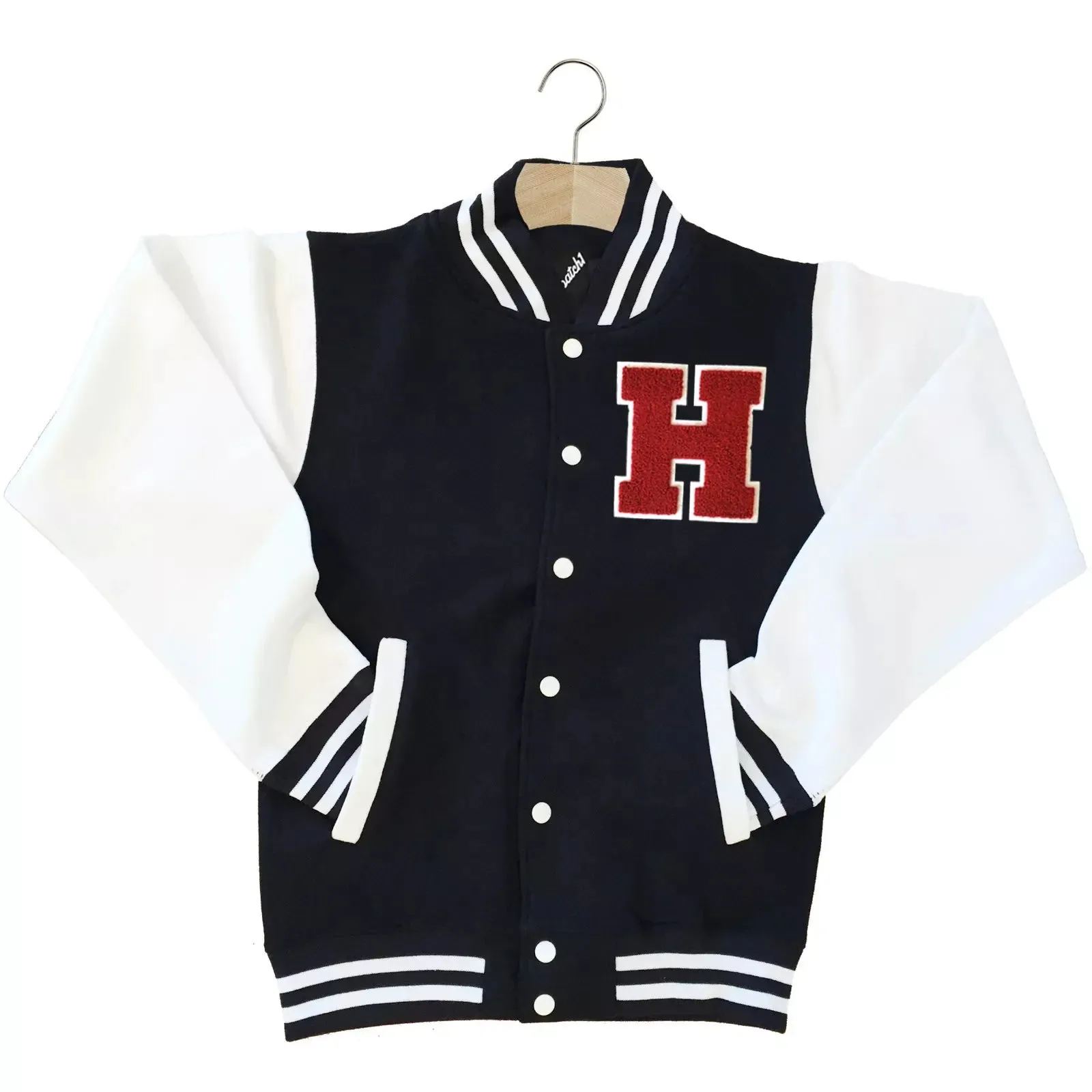 VARSITY BASEBALL JACKET UNISEX PERSONALISED WITH GENUINE US COLLEGE LETTER H