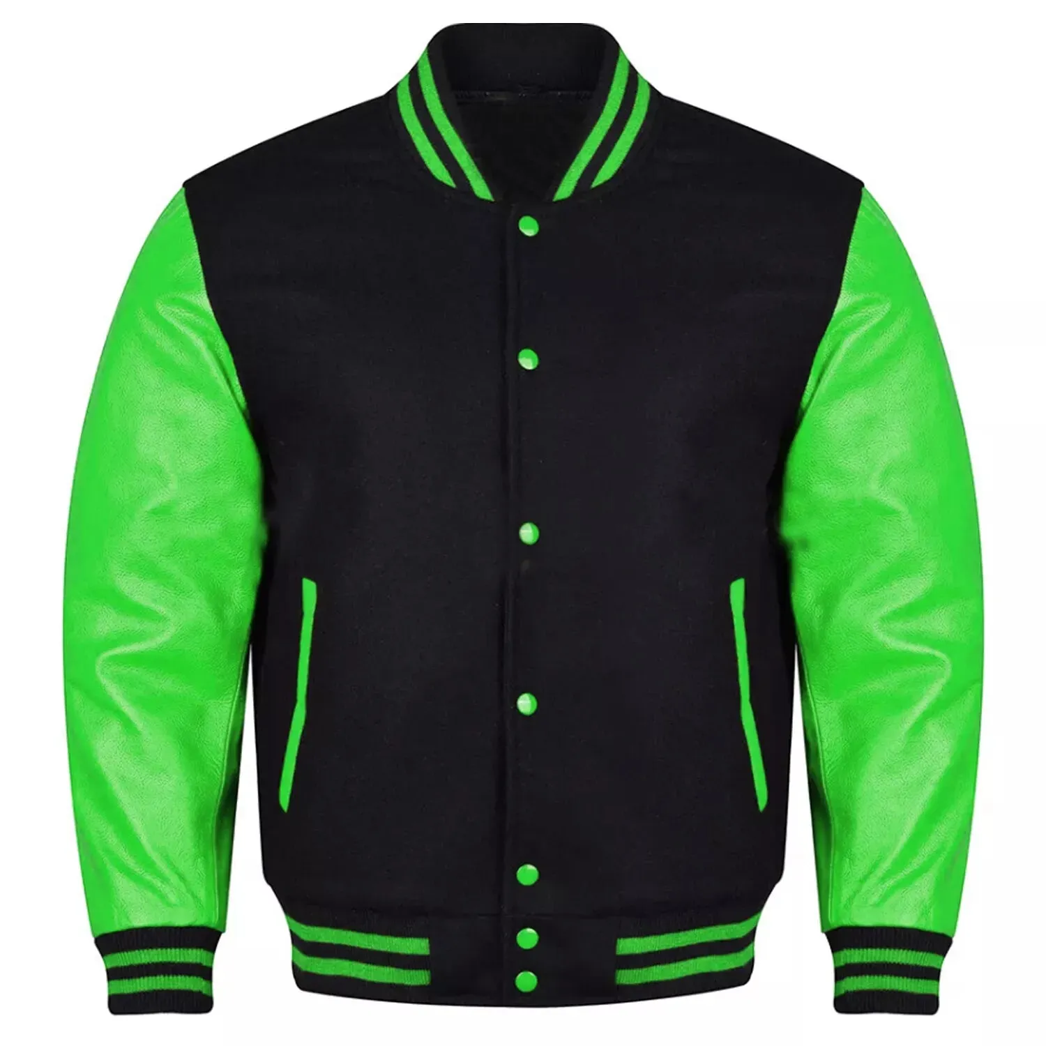 Varsity Black Letterman Baseball Wool &Green Real Leather Sleeves Jacket