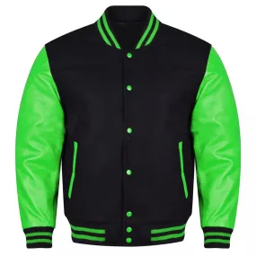 Varsity Black Letterman Baseball Wool &Green Real Leather Sleeves Jacket