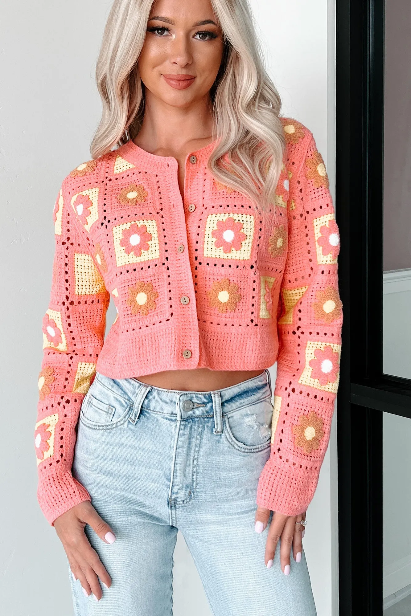 Vintage Soul Floral Crochet Crop Cardigan (Pink)