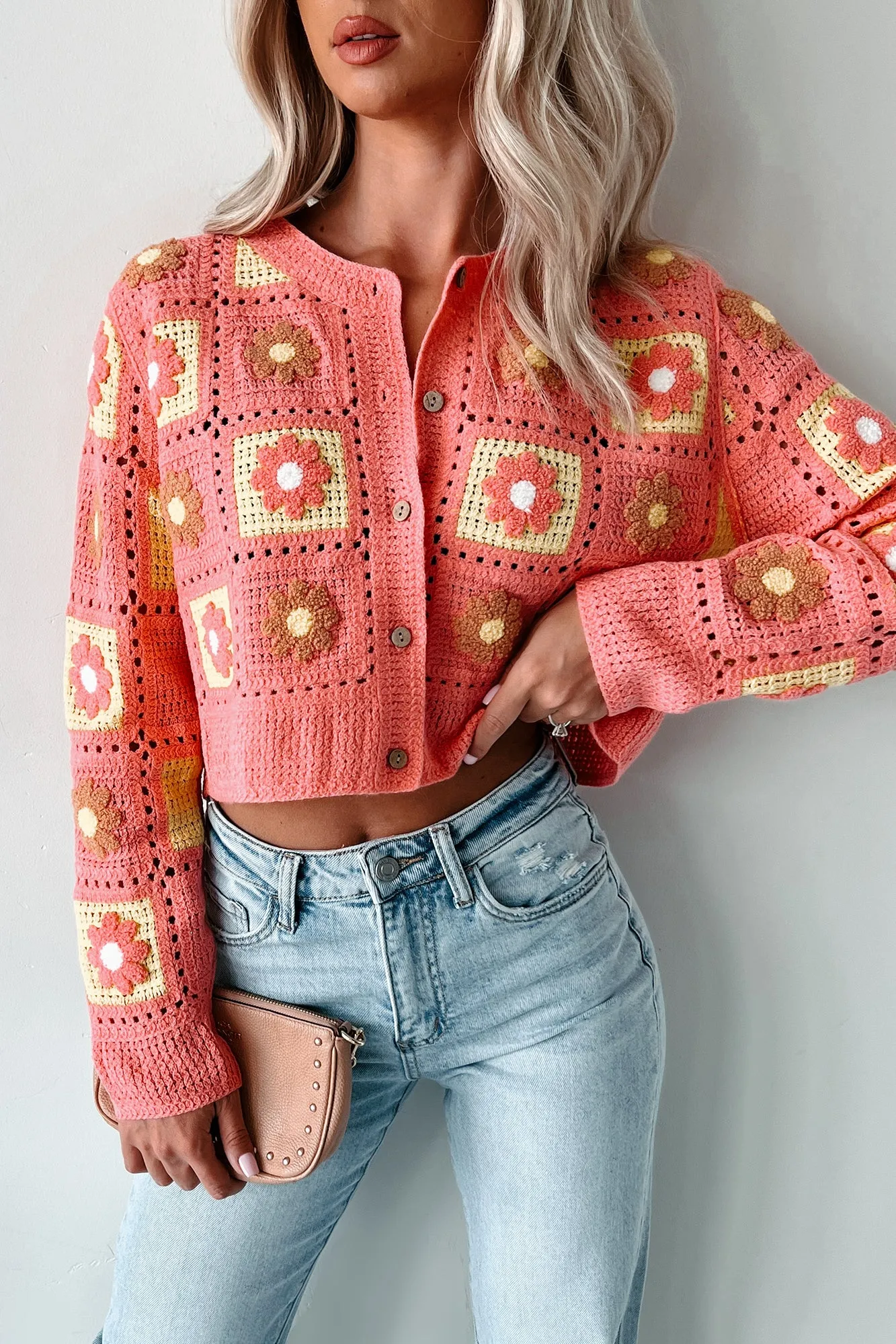 Vintage Soul Floral Crochet Crop Cardigan (Pink)