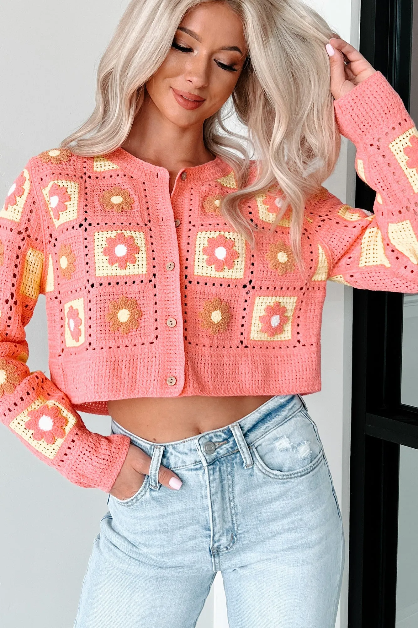 Vintage Soul Floral Crochet Crop Cardigan (Pink)