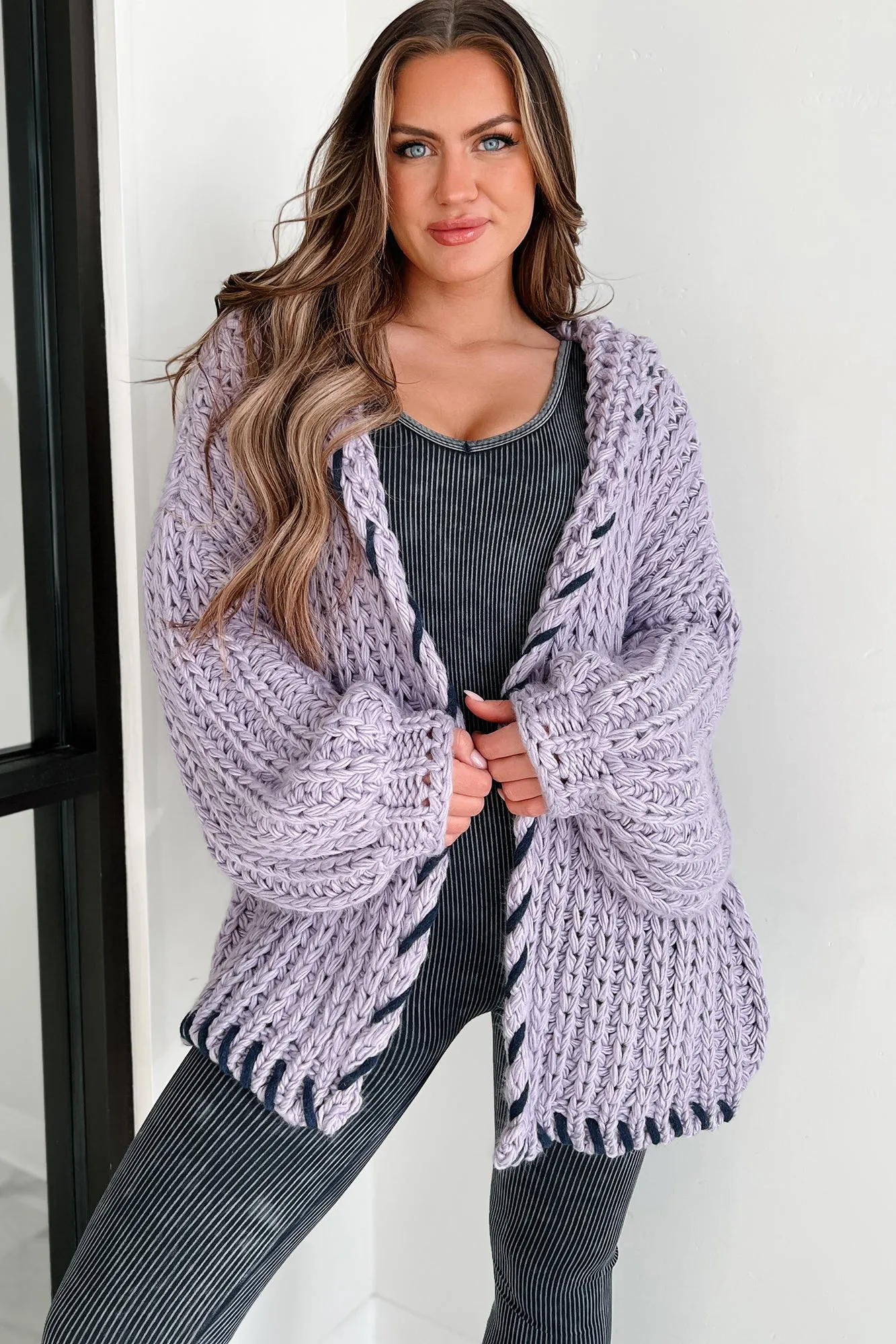 Warm Emotions Stitch Edged Chunky Knit Cardigan (Lilac)