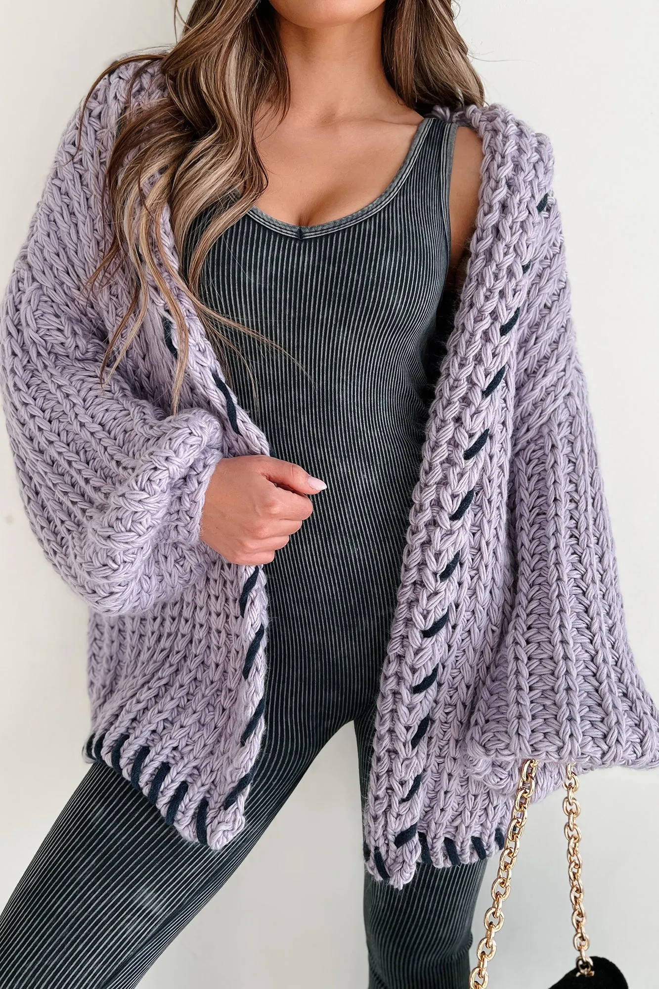 Warm Emotions Stitch Edged Chunky Knit Cardigan (Lilac)