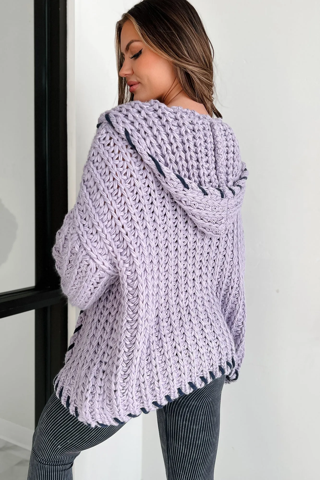 Warm Emotions Stitch Edged Chunky Knit Cardigan (Lilac)