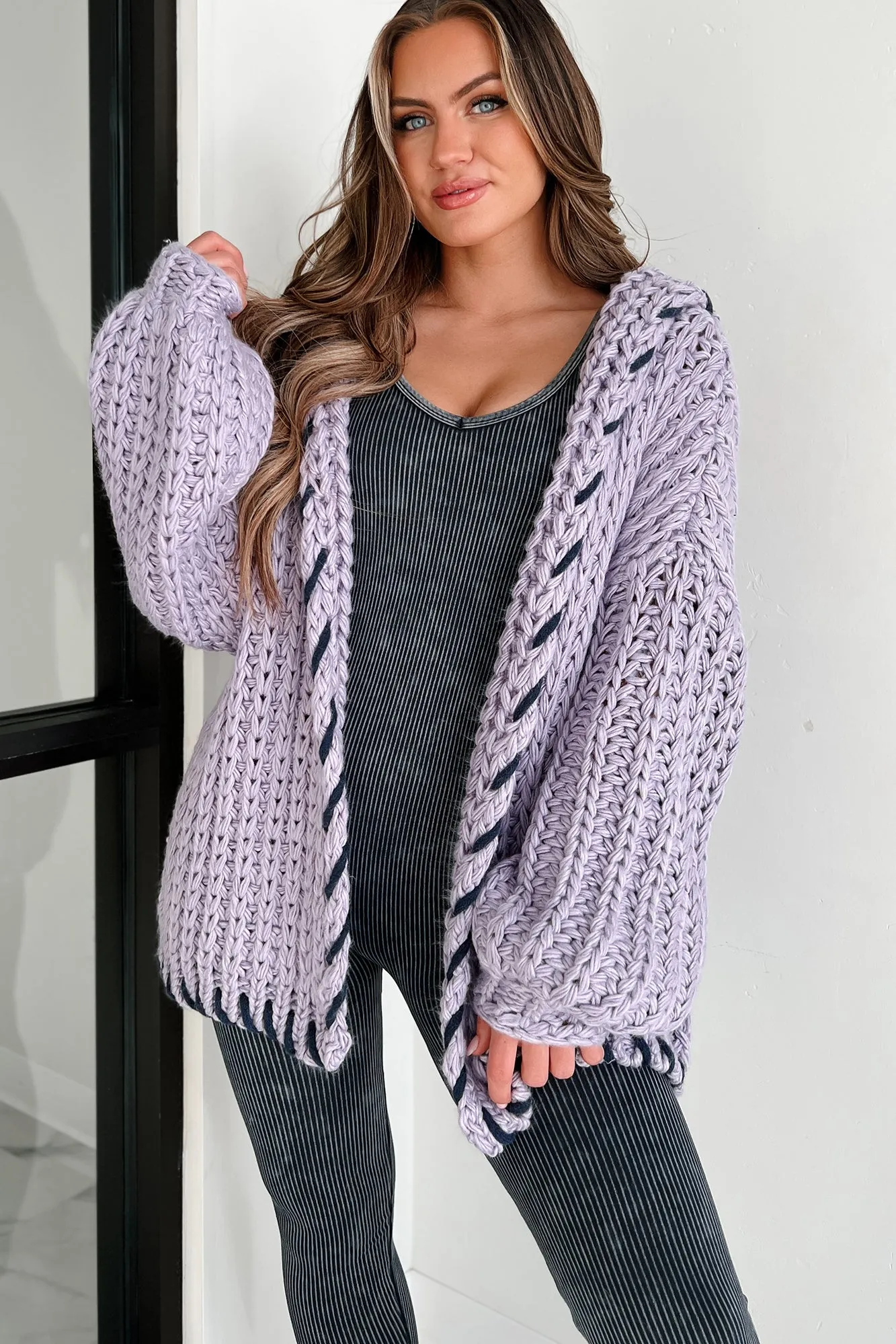 Warm Emotions Stitch Edged Chunky Knit Cardigan (Lilac)