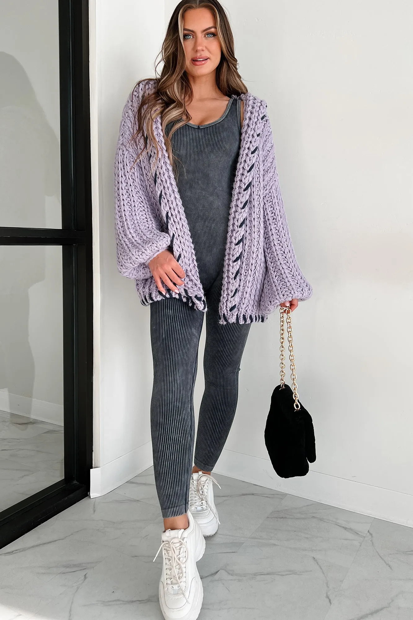 Warm Emotions Stitch Edged Chunky Knit Cardigan (Lilac)