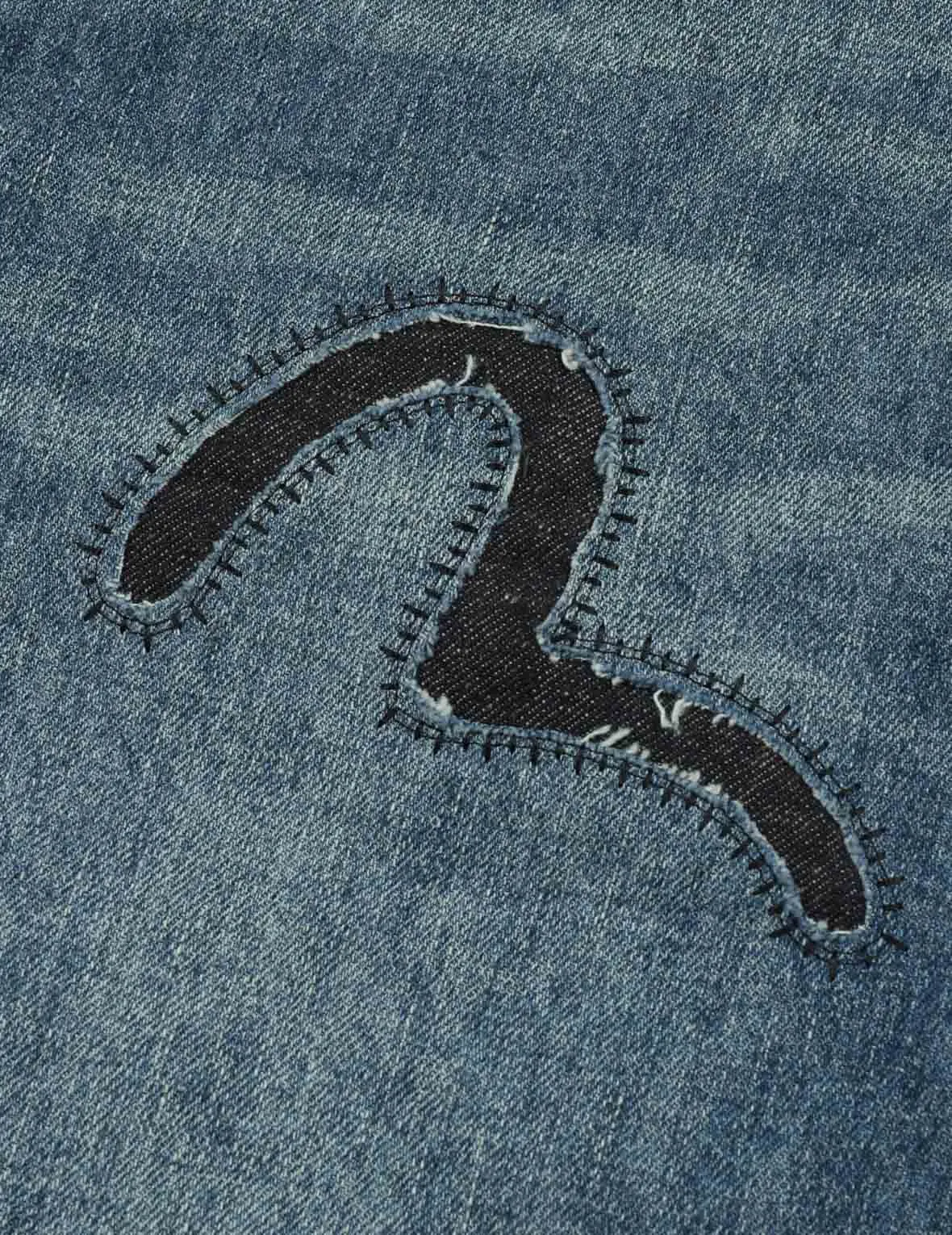 Washed and Distressed Seagull Patchwork and Logo Embroidery Cropped Jeans #2027