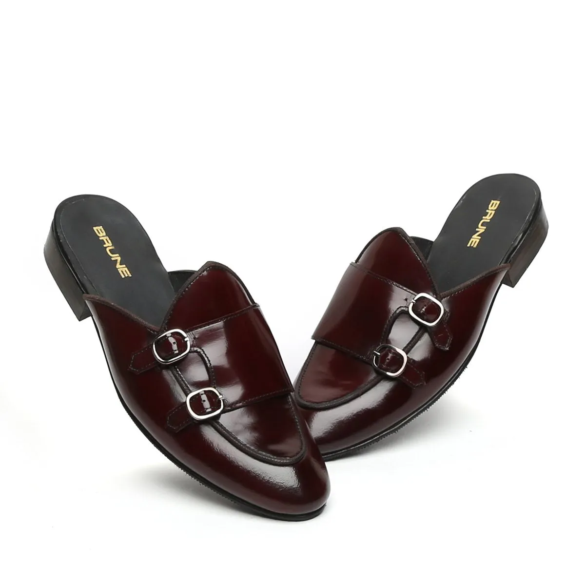 Wine Leather Mules with Double Monk by Brune & Bareskin