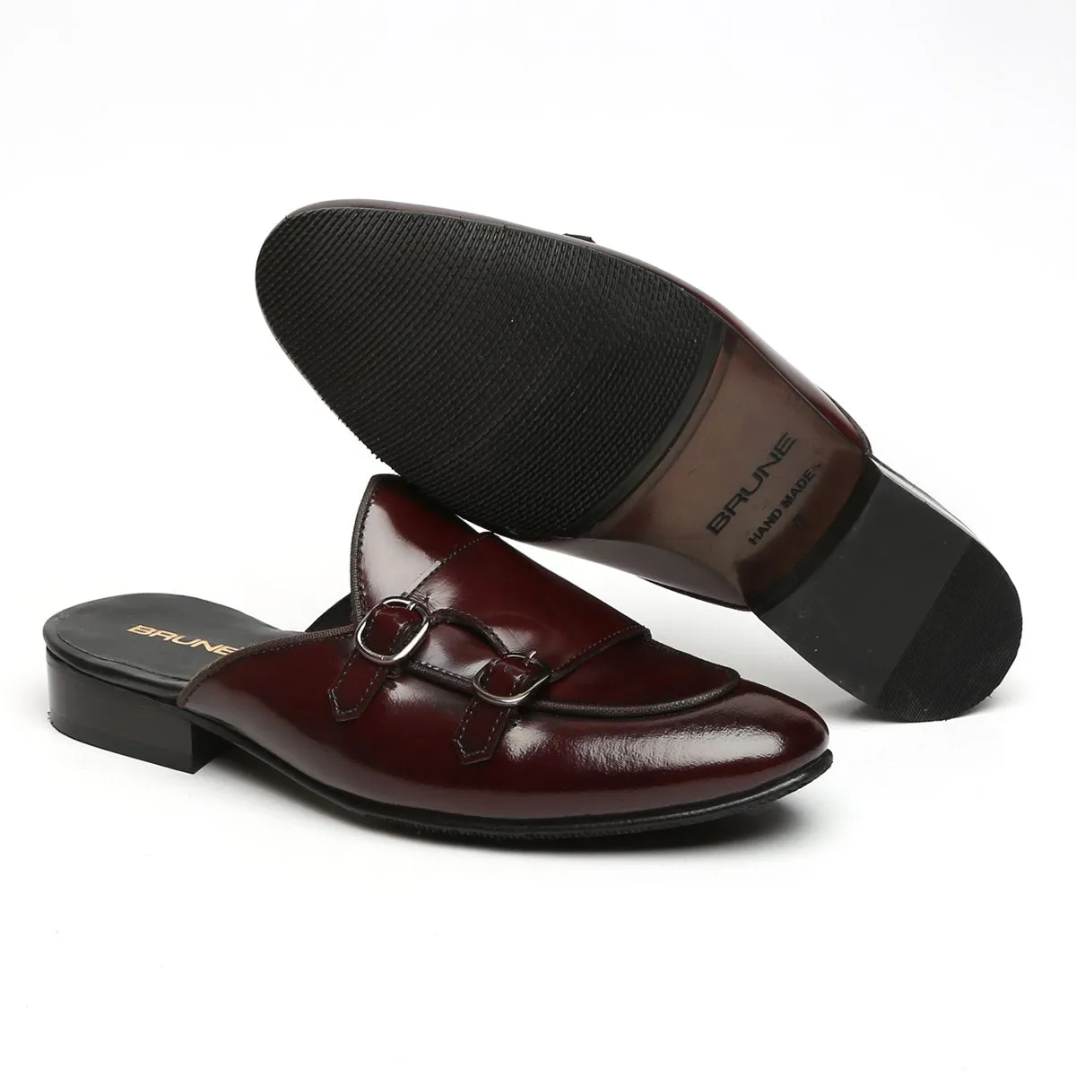 Wine Leather Mules with Double Monk by Brune & Bareskin