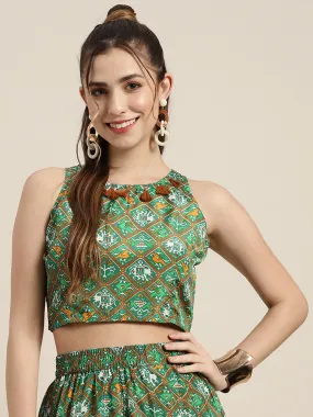 Women Green Patola Sleeveless Crop Top