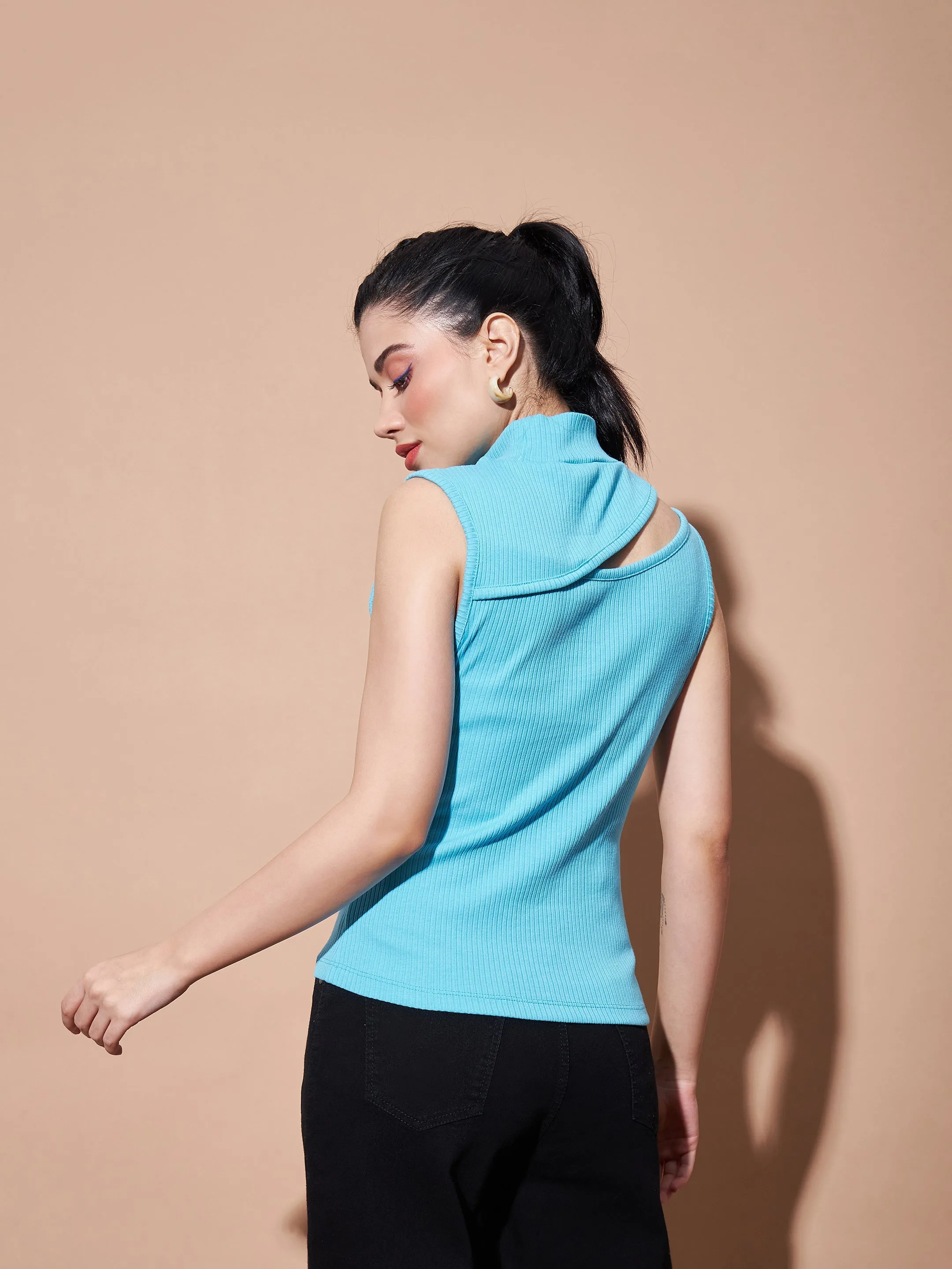 Women Turqouise Turtle Neck Sleeveless Rib Top