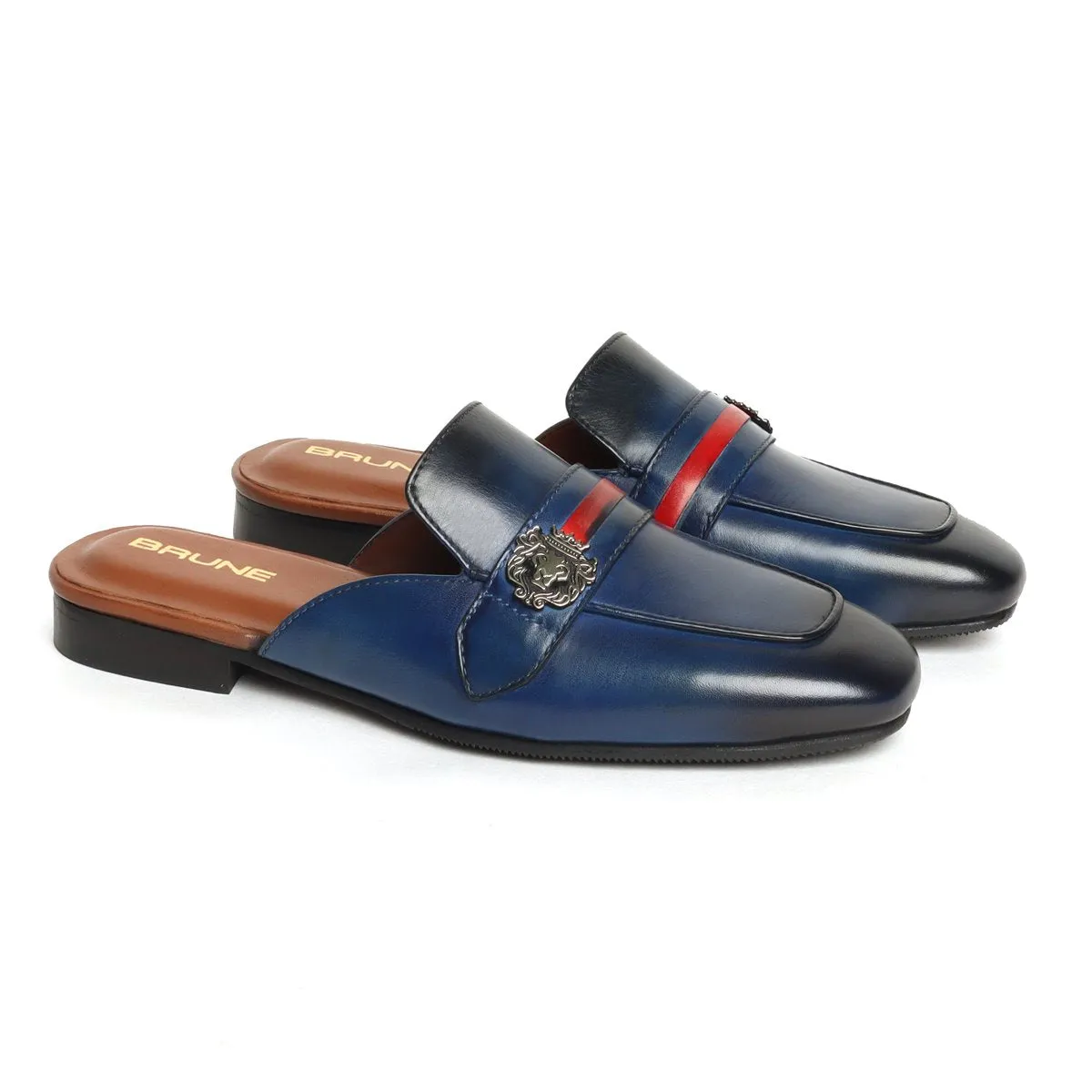 Women's Blue Leather Mules with Lion Badge & Contrasting Red/Blue Strap by Brune & Bareskin