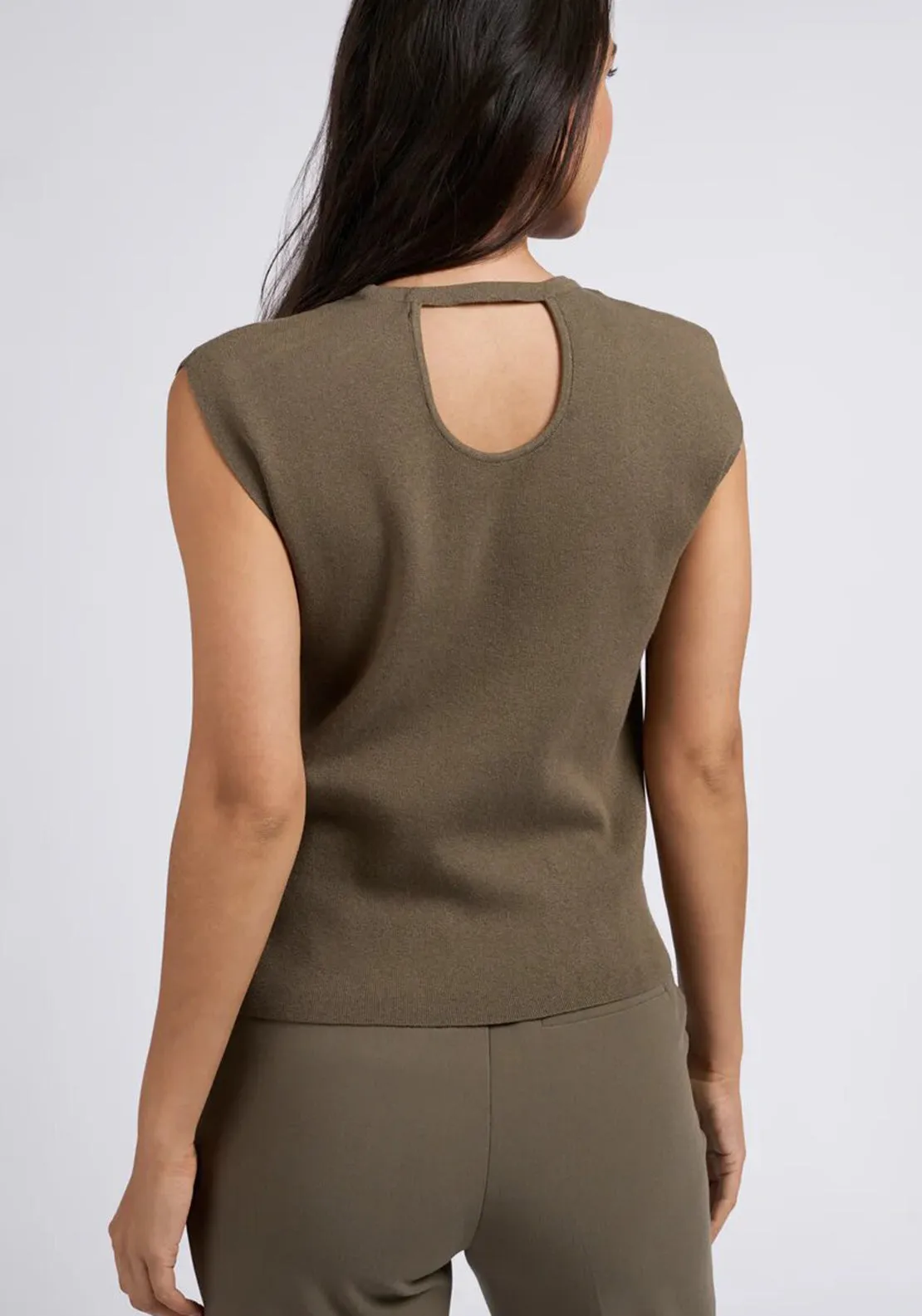 YAYA Sleeveless Back Cut-Out Sweater, Stone Grey